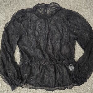 Banana Republic Black Lace Blouse Sheer High Neck Peplum Gothic Top S